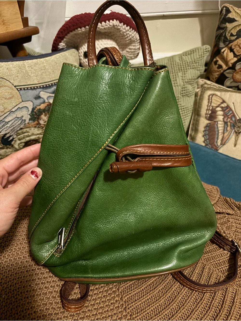 Green Genuine Leather Backpack with Brown Trim